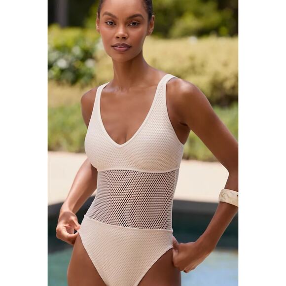 Sanctuary Mesh One Piece Swimsuit Size L Light Sand Ecru Scoop Neck Anthopologie - Picture 2 of 10